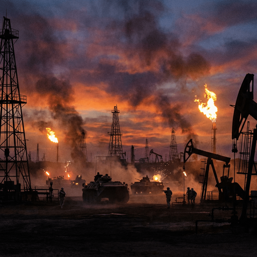 Armored military vehicles and soldiers stationed among oil derricks and flares at sunset.